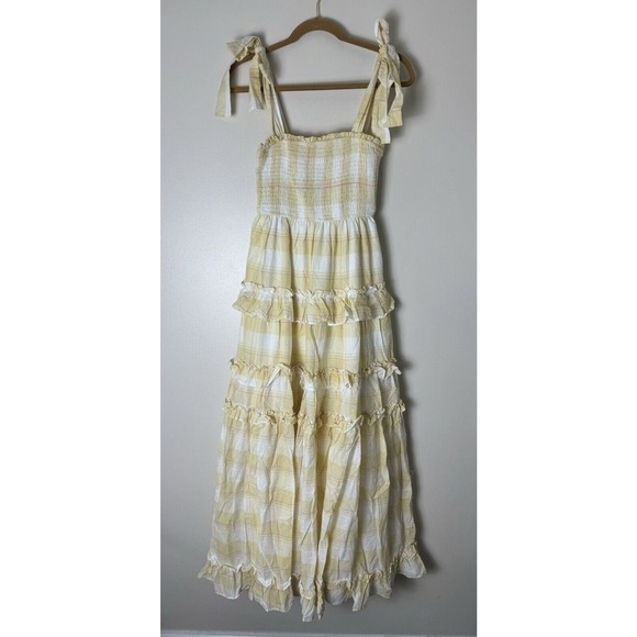 Storia Sunny Days Tiered Layered Plaid Ruffle Smocked Maxi Dress NWT Sz M - Picture 6 of 7